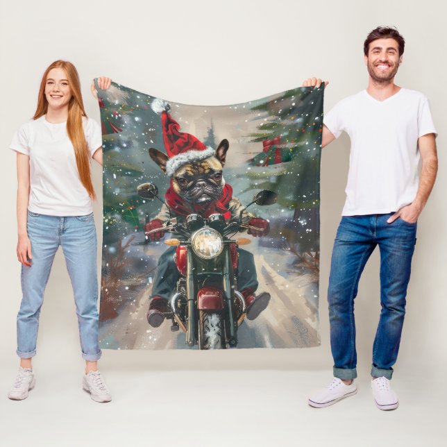 Couverture Polaire Bouledogue français à moto Noël (En situation)