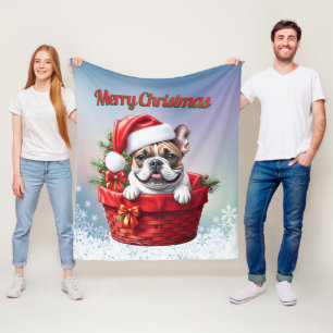 Couverture Polaire Bouledogue français dans un panier de Noël