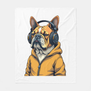 Couverture Polaire Bouledogue vintage avec écouteurs portant un sweat