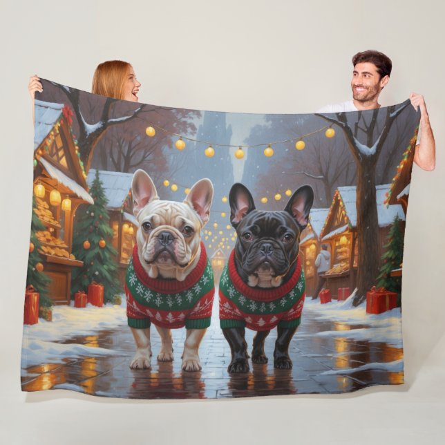 Couverture Polaire Bouledogues français Noël Neige Vacances (En situation)