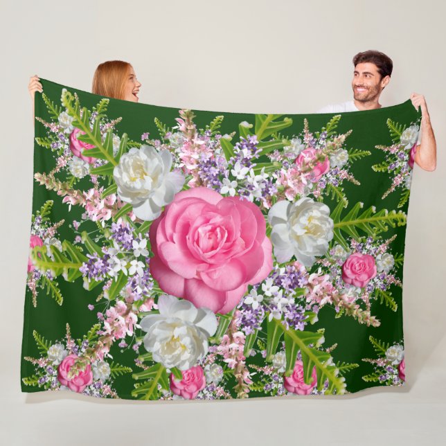 Couverture Polaire Bouquet arrière - plan vert de fleurs violet rose (En situation)
