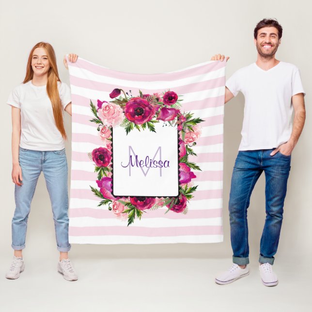 Couverture Polaire Bouquet de fleurs roses et coquelicots sur bandes  (En situation)