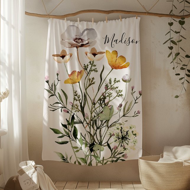 Couverture Polaire Bouquet de fleurs sauvages séchées Monogramme (In situ)