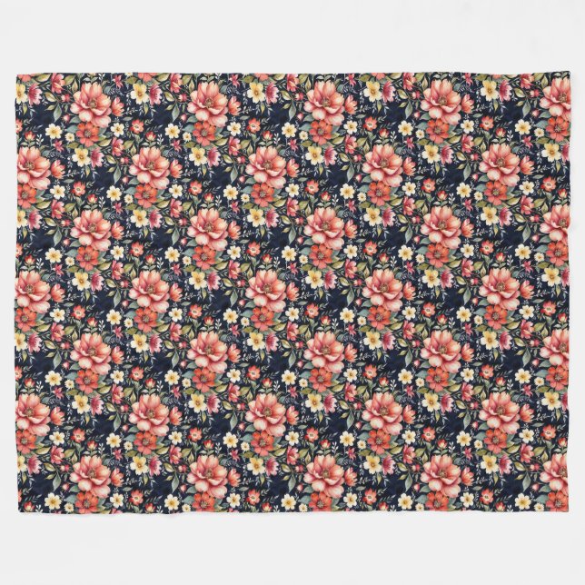 Couverture Polaire Bouquets de fleurs tyroliennes sur Navy Fleece (Devant (Horizontal))