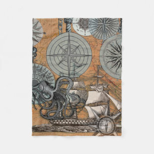 Couverture Polaire Boussole Rose Vintage Nautique Octopus Ship