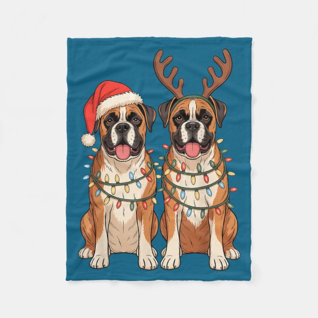Couverture Polaire Boxer Dog Christmas Santa Hat Reindeer Lights Paja (Devant)