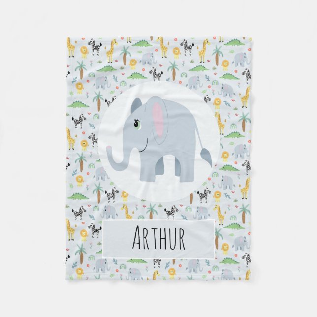 Couverture Polaire Boys Cute Blue Elephant & Safari Pattern Nom Kids (Devant)
