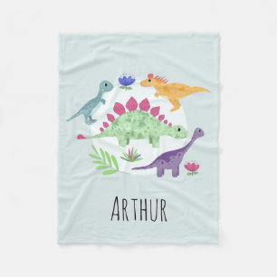 Couverture Polaire Boys Cute Blue T-Rex Dinosaur Dessin & Nom Enfants