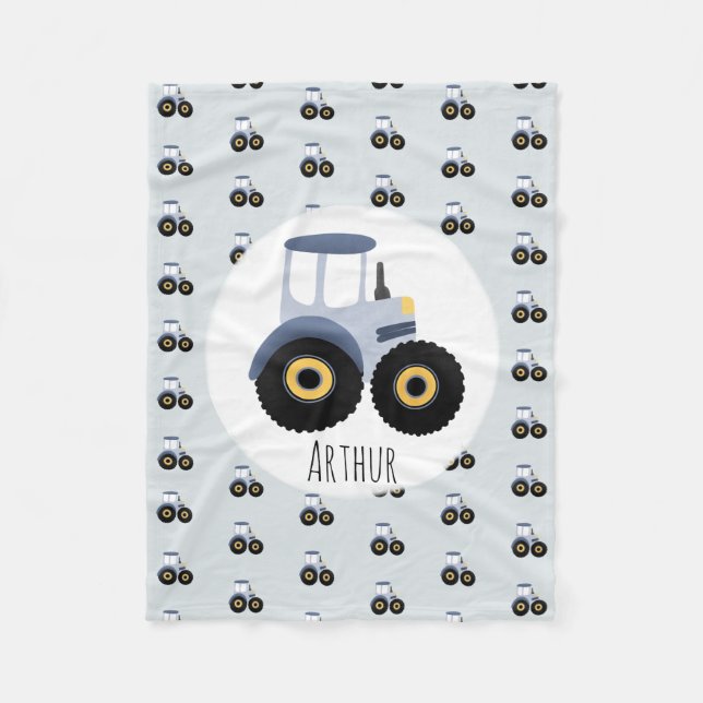 Couverture Polaire Boy's Cute Blue Tractor Motif & Nom Enfants (Devant)