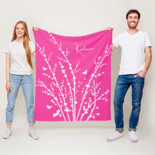 Couverture Polaire Branches à papillons rose chaud Nom personnalisabl