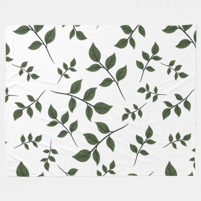 Couverture Polaire Branches de feuillage avec Feuilles verts en blanc (Devant (Horizontal))