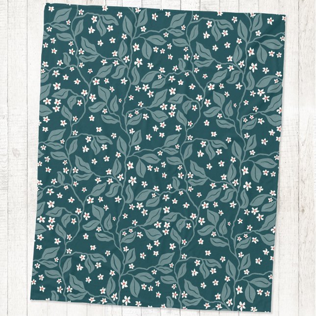 Couverture Polaire Branches de fleurs de pommier Impression botanique (Apple blossom foliage trailing branches arts and crafts style block print fleece blanket)