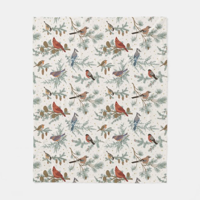 Couverture Polaire Branches d'oiseaux et de pins d'hiver Motif (Devant)