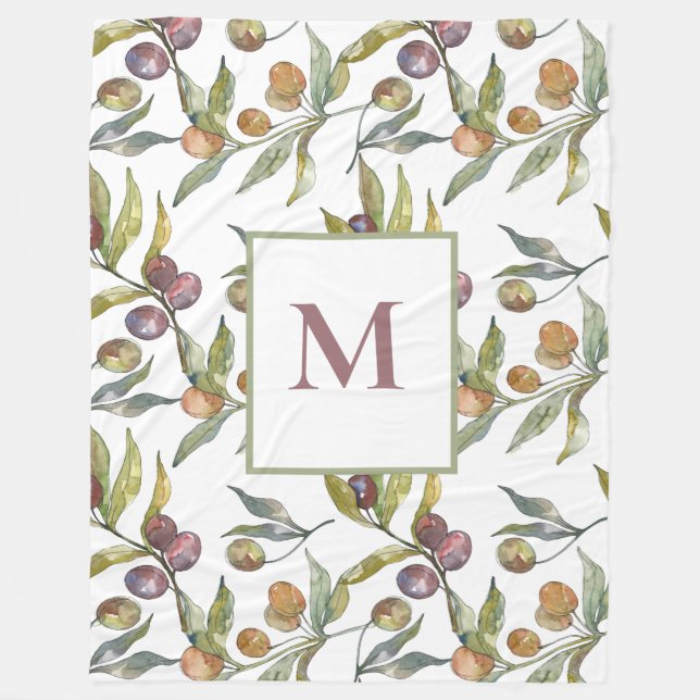 Couverture Polaire Branches d'Olivier élégant Monogramme Blanche en p (Devant)