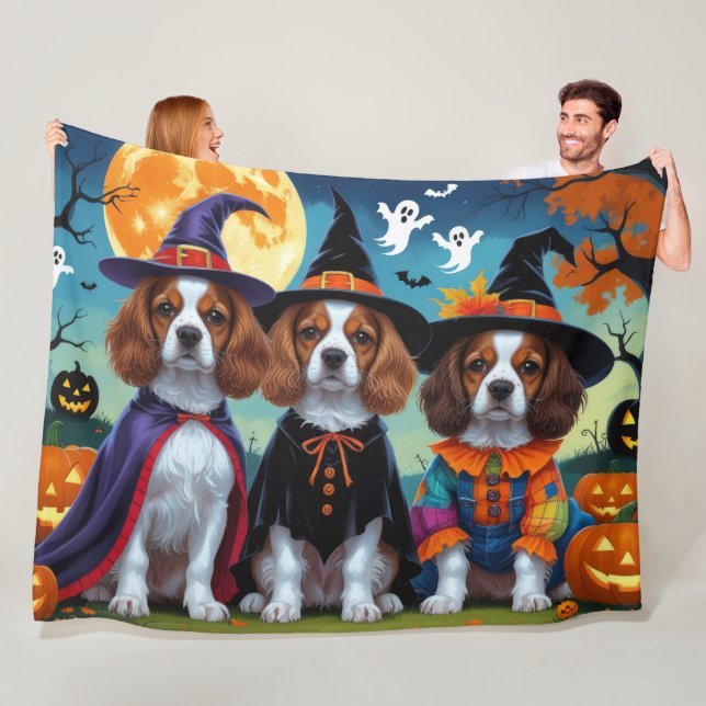 Couverture Polaire Bretagne Chiens espagnols Citrouille Halloween Fun (En situation)