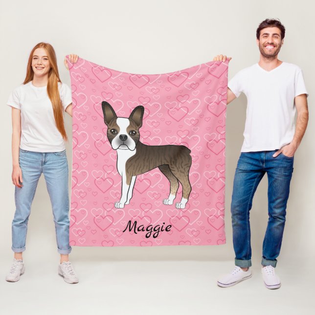 Couverture Polaire Brindle Boston Terrier Chien Sur Coeurs Rose Et No (En situation)