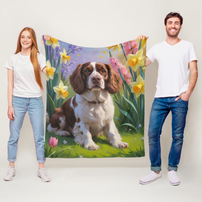 Couverture Polaire Brittany Spaniel Chien Fleurs de printemps Peintur (En situation)
