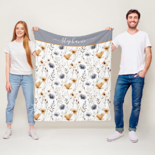 Couverture Polaire Broderie Bleu Gris Beige Blanc Floral Bohème