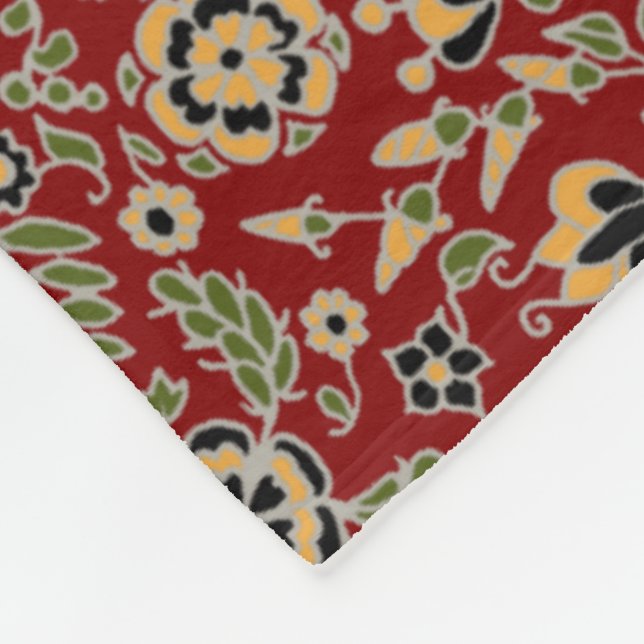 Couverture Polaire Broderie folle Jaune, Vert, Noir sur Rouge profond (Coin)