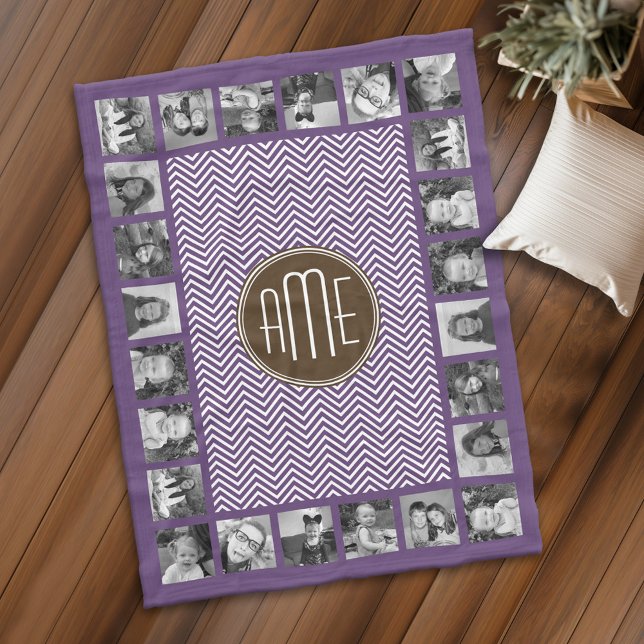 Couverture Polaire Brown et violet Chevron Motif Monogramme personnal (Personalized fleece blanket with photos and monogram - Makes a great Gift)