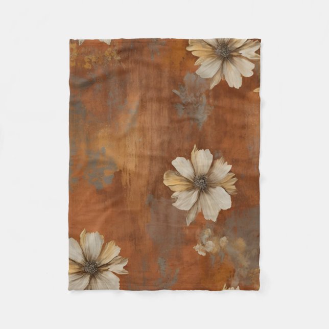 Couverture Polaire Brûlé Orange Beige Gris Ferme Floral Petit (Devant)