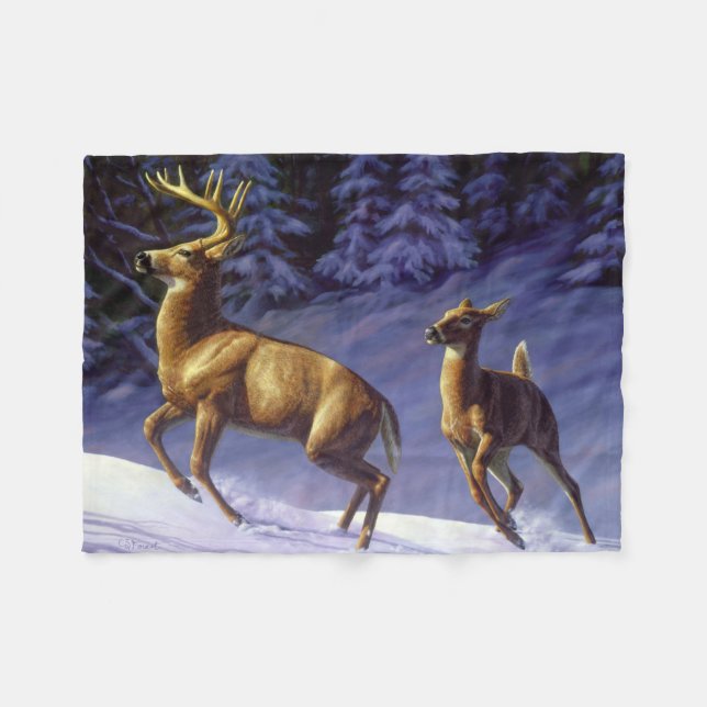 Couverture Polaire Buck & Doe de cerf blanc en neige hivernale (Devant (Horizontal))