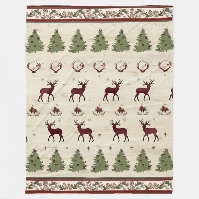 Couverture Polaire Buffalo Plaid Pine Trees de Noël Cerfs Antlers (Devant)