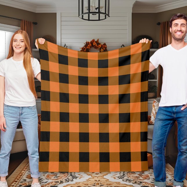 Couverture Polaire Buffle noir et orange plaid automne (Black and Orange Buffalo Plaid Autumn Fall Fleece Blanket)