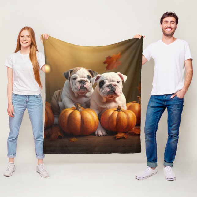 Couverture Polaire Bulldog Chiot Automne Citrouille de plaisir (En situation)