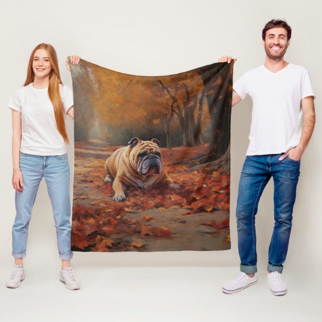Couverture Polaire Bulldog en automne Feuilles automne Inspire (En situation)