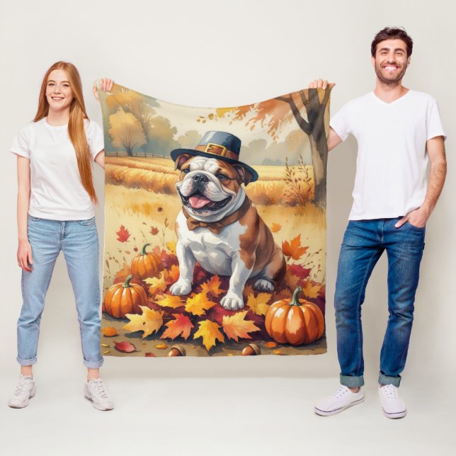 Couverture Polaire Bulldog En Automne Laisse L'Art Thanksgiving (En situation)