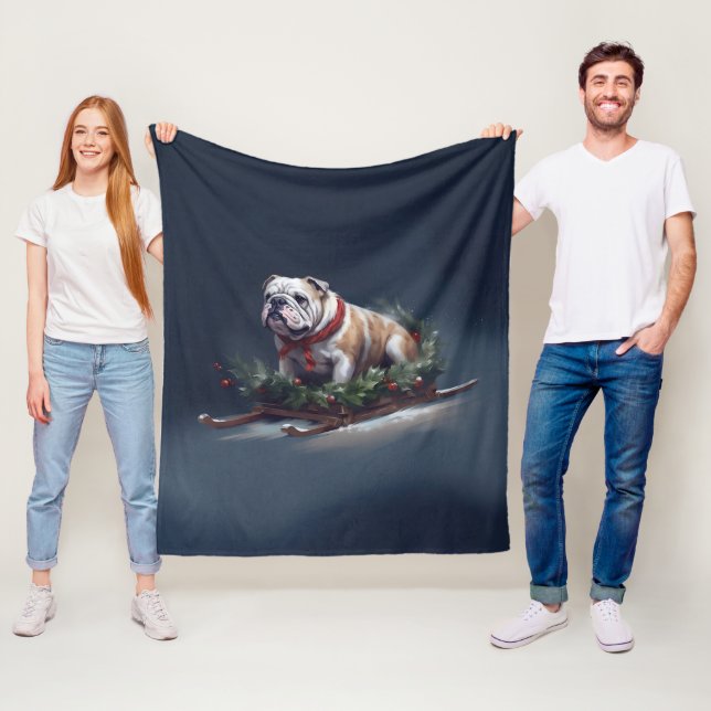 Couverture Polaire Bulldog Noël neige hiver (En situation)