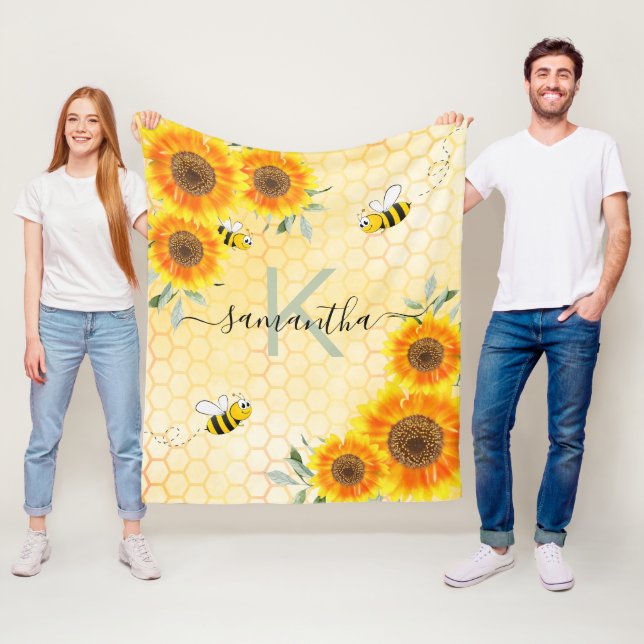Couverture Polaire Bumble abeilles tournesol jaune nid d'abeille mono (En situation)