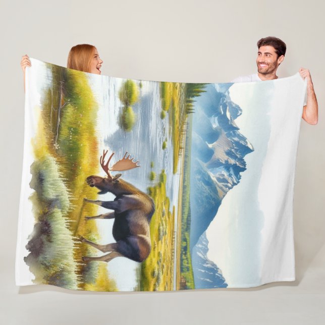 Couverture Polaire Cabane de style aquarelle Moose rustique (En situation)