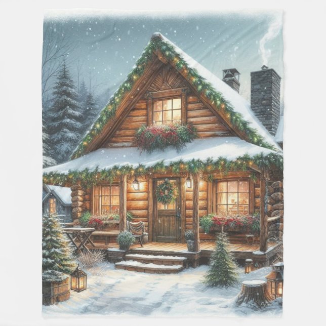 Couverture Polaire Cabane enneigée de Noël/hiver rustique (Devant)