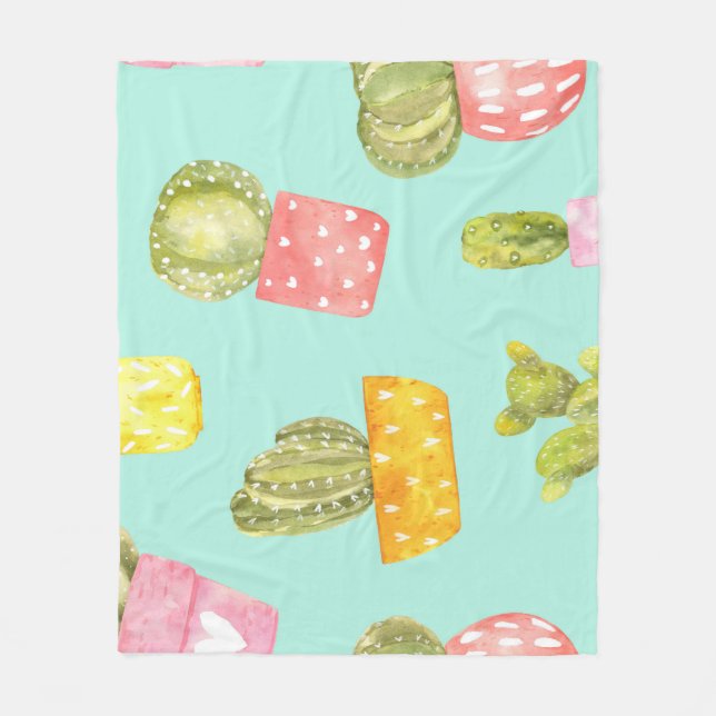 Couverture Polaire Cactus épineux dans les pots, motif aquarelle. (Devant)