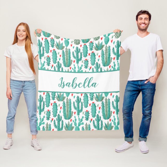 Couverture Polaire Cactus vert blanc motif monogramme (En situation)