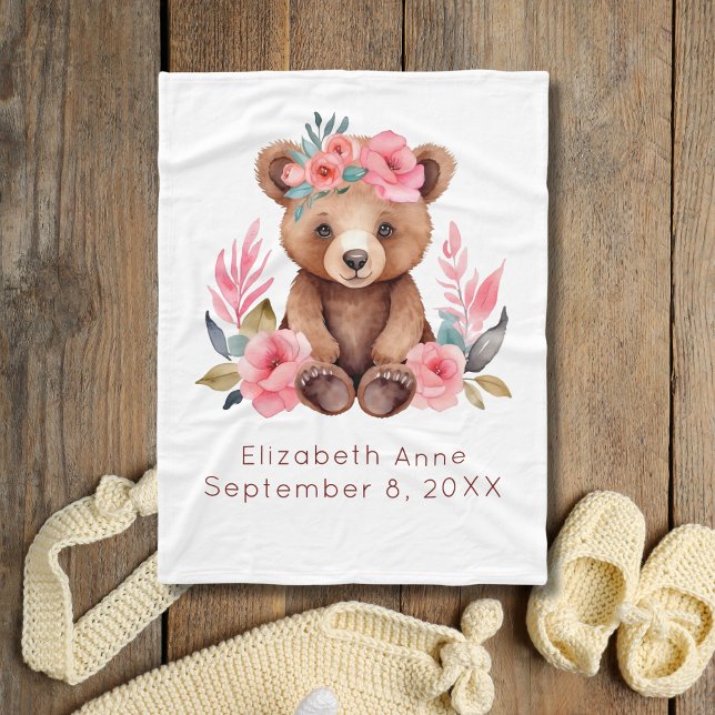 Couverture Polaire Cadeau bébé ours rose fleurs aquarelle bébé (Baby Bear Pink Flowers Birth Stats Personalized Baby Girl baby blanket)