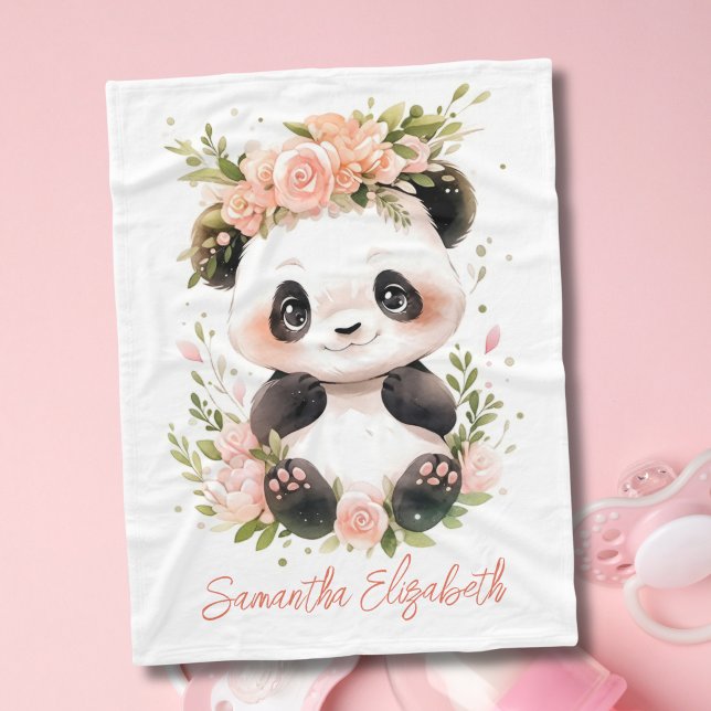 Couverture Polaire Cadeau Fille Bébé Panda Rose Fleurs Floral (Baby Panda Bear with Pink Flowers Baby Blanket. Personalize it with her name. Available in 3 sizes)