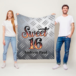 Couverture Polaire Cadeau Sweet 16 en flammes de feu et plaque argent