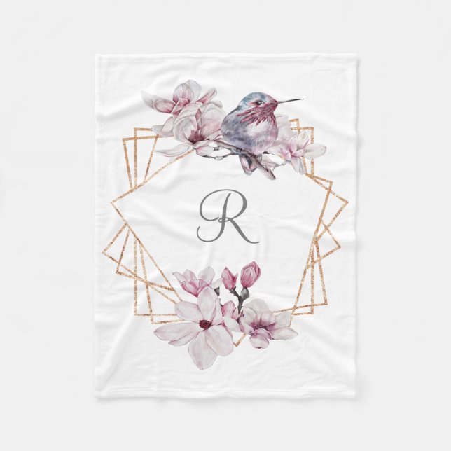 Couverture Polaire Cadre Or Magnolias Blanches Roses Monogramme  (Devant)