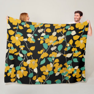 COUVERTURE POLAIRE CAMELLIAS JAUNES, FEUILLES BLANCS VERTS NOIR
