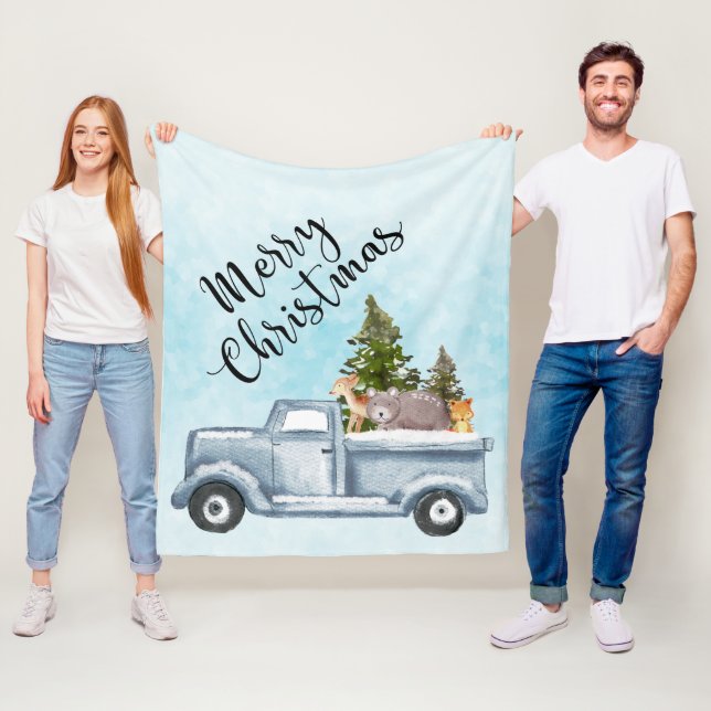 Couverture Polaire Camion de Noël avec pins et animaux de forêt (En situation)