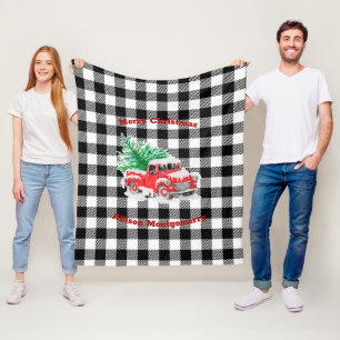 Couverture Polaire Camion de Noël rouge tartan noir et blanc 