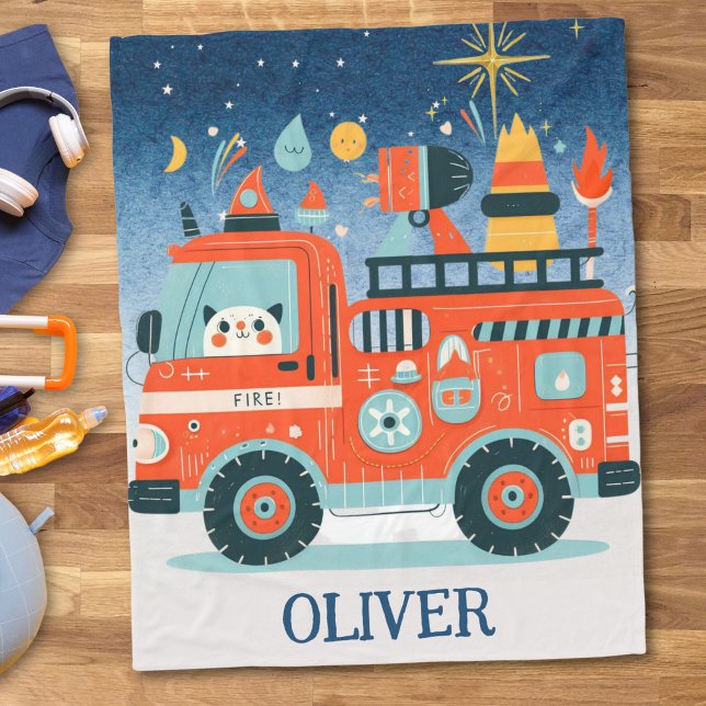 Couverture Polaire Camion de pompiers mignon avec un chat la nuit (Créateur téléchargé)