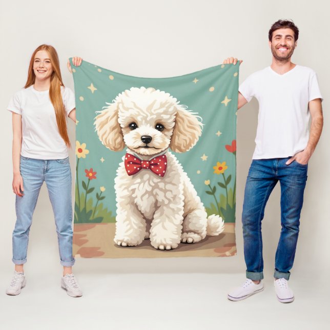 Couverture Polaire Caniche blanc adorable avec noeud papillon (En situation)