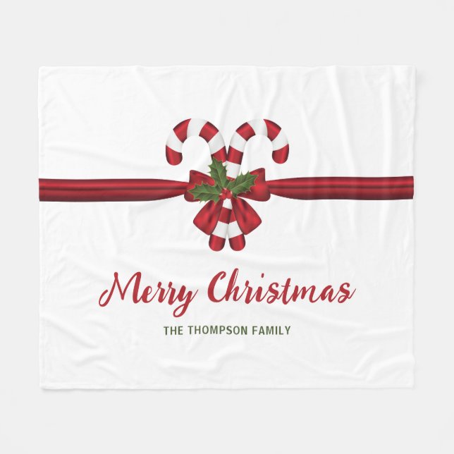 Couverture Polaire Canne à sucre festive rouge et blanche Noeud et Te (Devant (Horizontal))