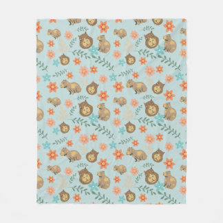 Couverture Polaire Capybaras avec fleurs vert