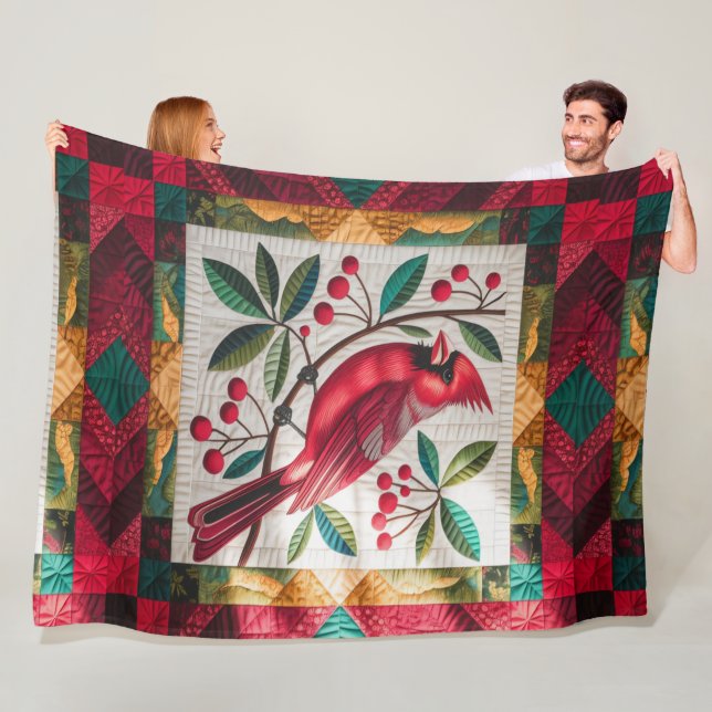 Couverture Polaire Cardinal Bird Quilt, Blanche Fleece - Rouge Vibran (En situation)