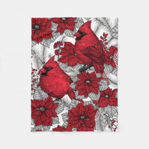 Couverture Polaire Cardinals and poinsettia in red and white